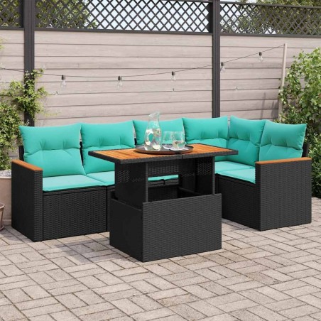 Salon de jardin 6 pcs avec coussins noir résine tressée 649346649346