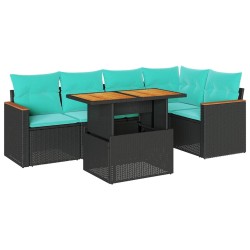 Salon de jardin 6 pcs avec coussins noir résine tressée 649346649346