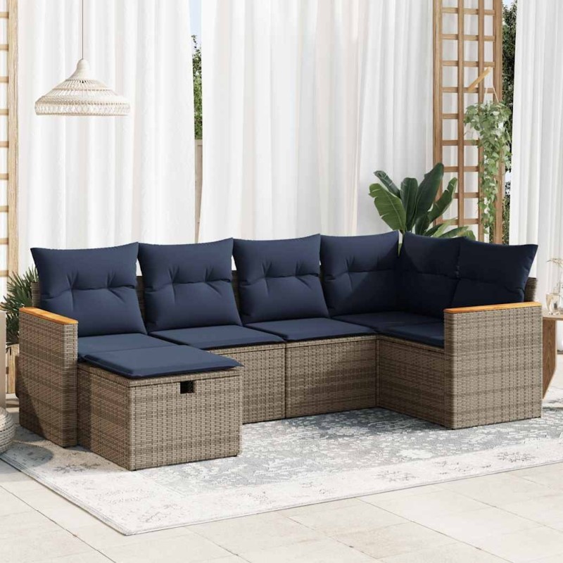 Salon de jardin 6 pcs avec coussins gris résine tressée 649612649612