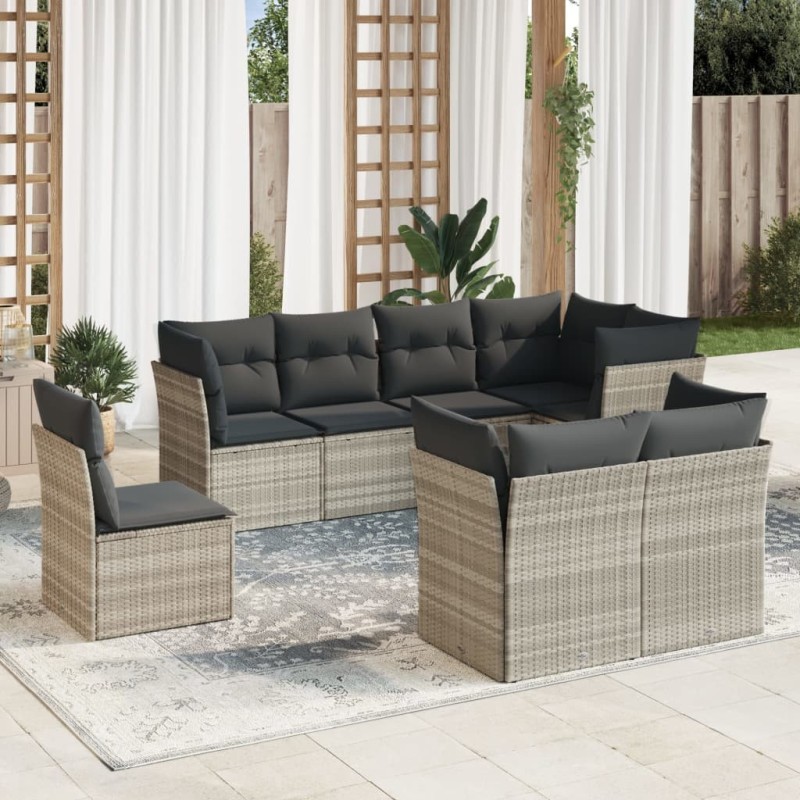 Salon de jardin 8 pcs avec coussins gris clair résine tressée 649625649625