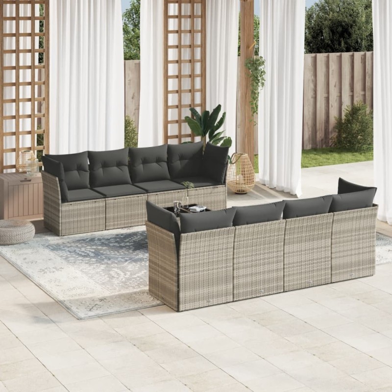 Salon de jardin 9 pcs avec coussins gris clair résine tressée 649626649626
