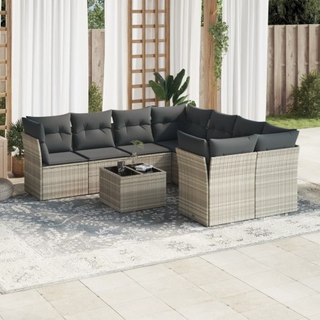 Salon de jardin 9 pcs avec coussins gris clair résine tressée 649627649627