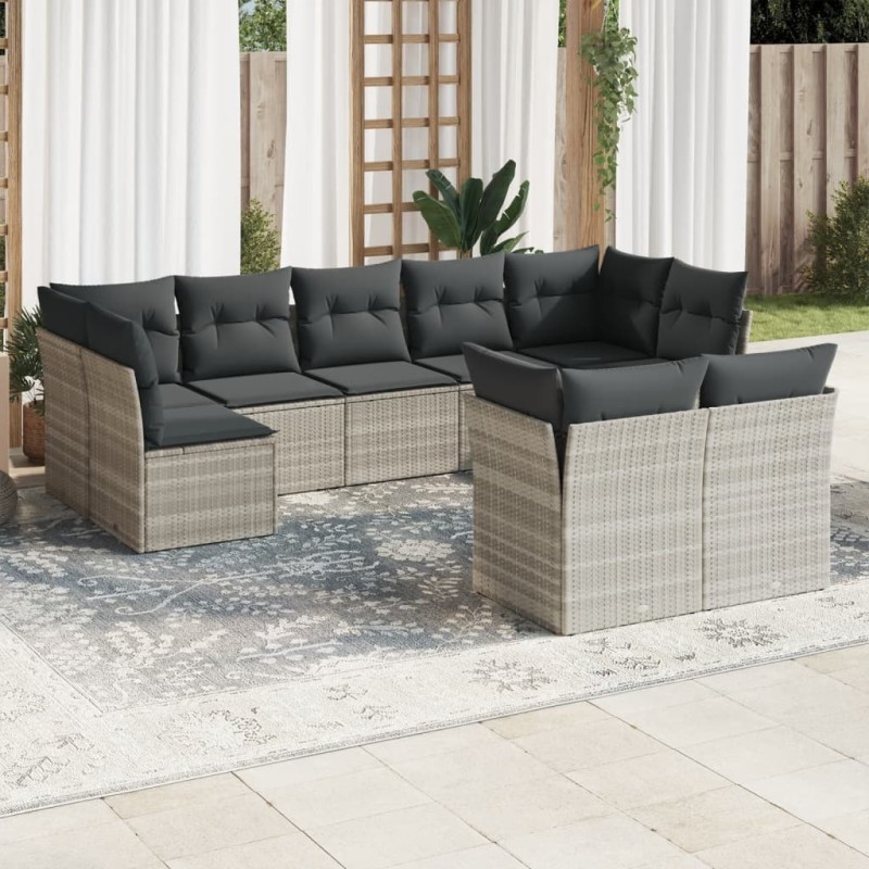 Salon de jardin 9 pcs avec coussins gris clair résine tressée 649628649628