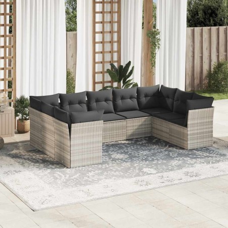 Salon de jardin 9 pcs avec coussins gris clair résine tressée 649630649630