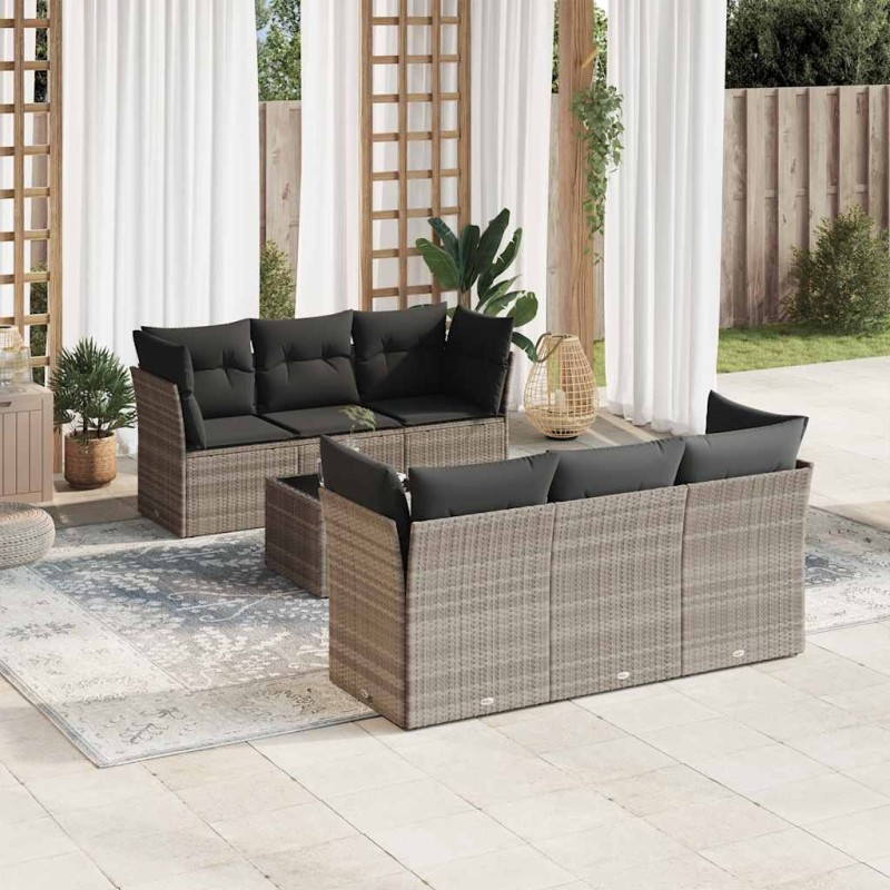 Salon de jardin avec coussins 7 pcs gris clair résine tressée 649672649672