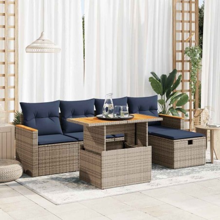 Salon de jardin avec coussins 6 pcs gris résine tressée acacia 649720649720