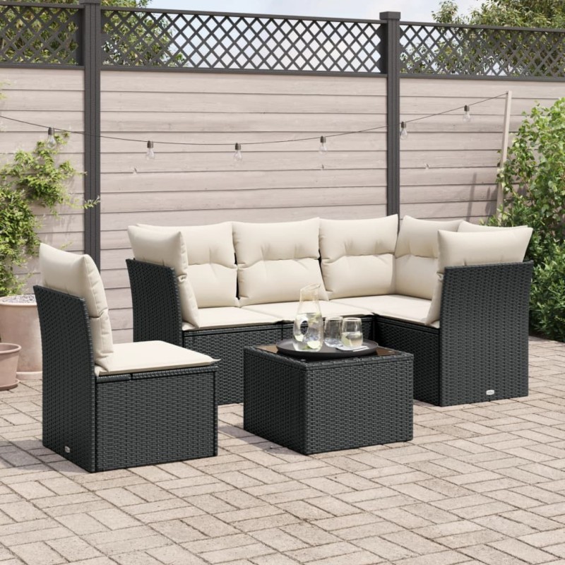  Salon de jardin 6 pcs avec coussins noir résine tressée alsavelo 