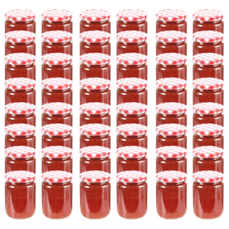48 pcs Pots à confiture Couvercle blanc et rouge Verre 230 ml 48 pcs Pots à confiture Couvercle blanc et rouge Verre 230 ml
