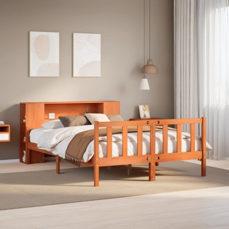 Lit bibliothèque sans matelas cire marron 160x200cm bois massif 