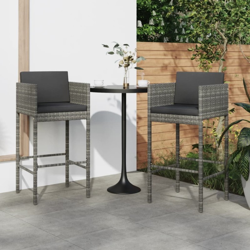 Tabourets de bar lot de 2 avec coussins gris résine tressée Tabourets de bar lot de 2 avec coussins gris résine tressée