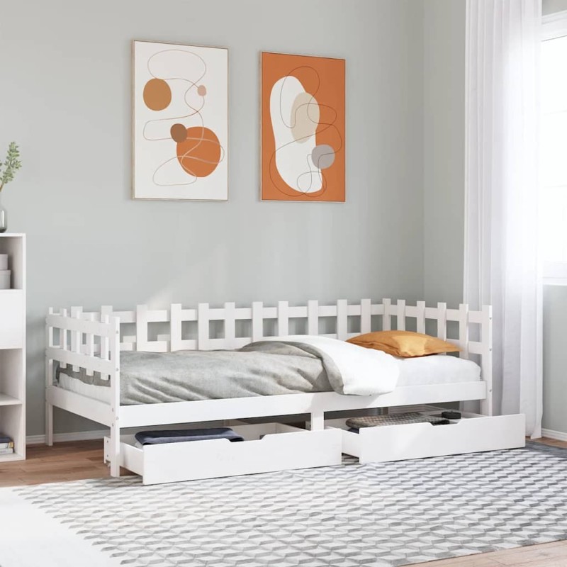 Lit de jour et tiroirs sans matelas blanc 90x200 cm bois massif 