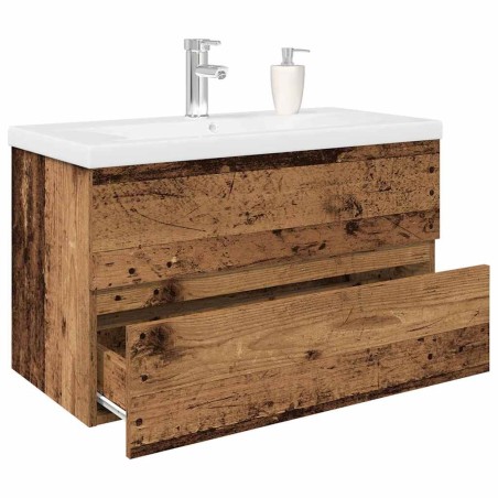 Meuble lavabo avec bassin et robinet intégrés vieux bois 
