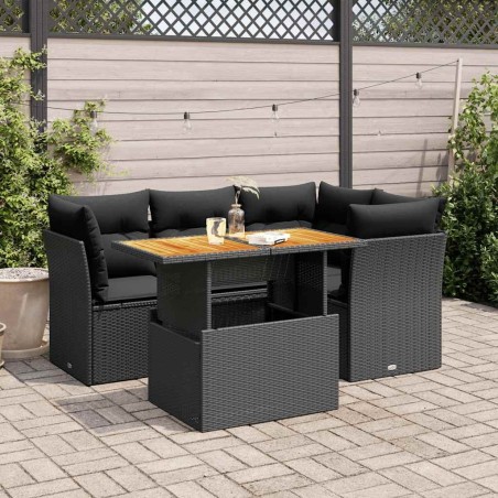 Salon de jardin 5 pcs avec coussins noir résine tressée 