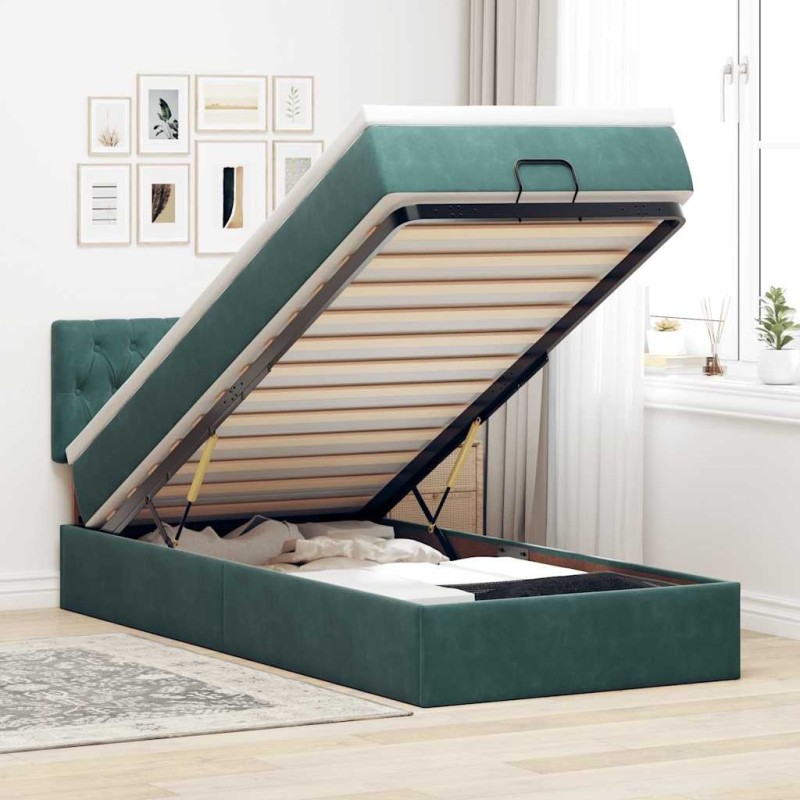 Cadre de lit ottoman avec matelas vert foncé 100x200 cm velours 