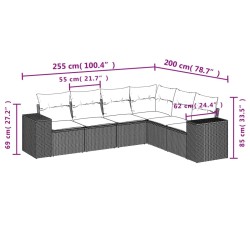 Salon de jardin 6 pcs avec coussins gris résine tressée 
