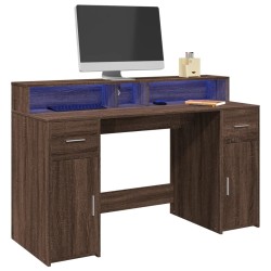 Bureau et lumières LED chêne marron bois d'ingénierie 