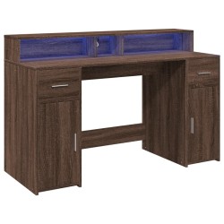 Bureau et lumières LED chêne marron bois d'ingénierie 