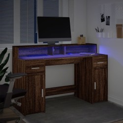 Bureau et lumières LED chêne marron bois d'ingénierie 