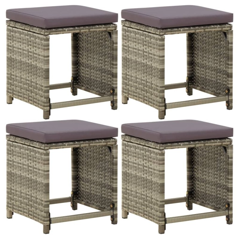 Tabourets de jardin lot de 4 avec coussins Résine tressée Gris 