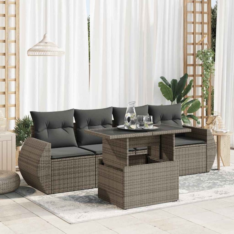 Salon de jardin 5 pcs avec coussins gris résine tressée 