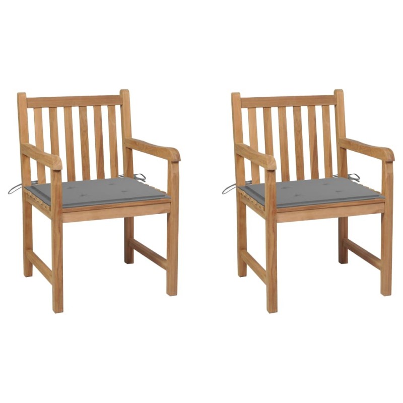 Chaises de jardin lot de 2 et coussins gris Bois de teck massif 