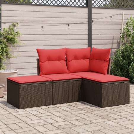 Salon de jardin 4 pcs avec coussins marron résine tressée 