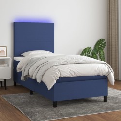 Sommier à lattes de lit et matelas et LED Bleu 100x200 cm Tissu 