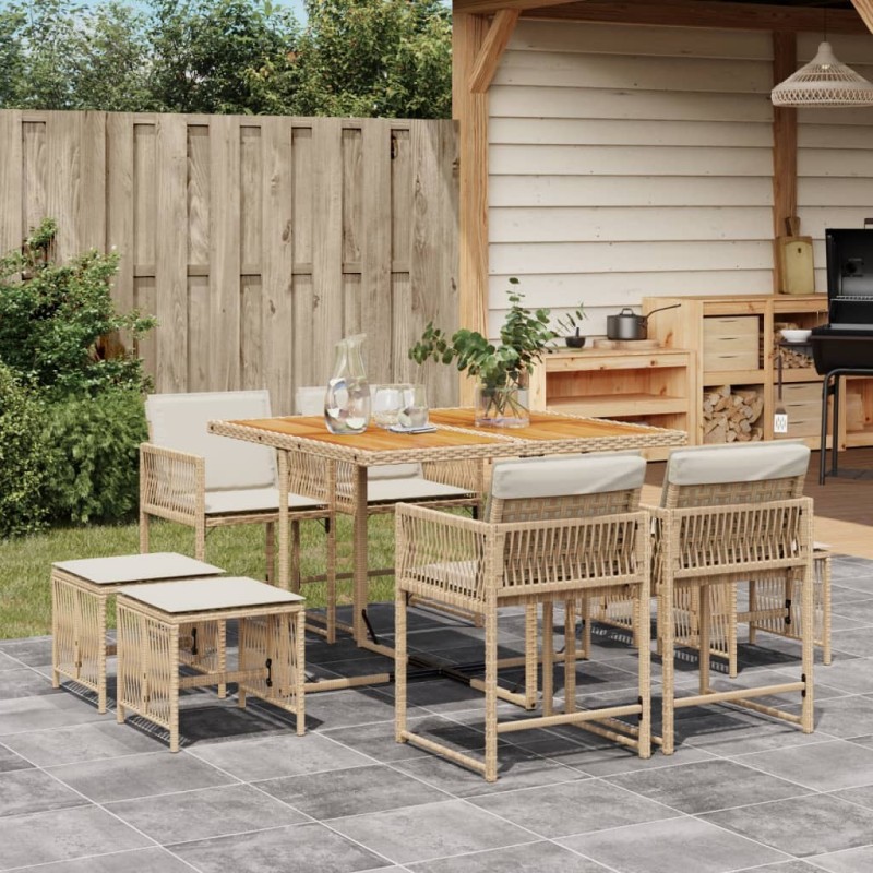 Ensemble à manger de jardin et coussins 9 pcs beige Poly rotin 