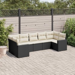 Salon de jardin 7 pcs avec coussins noir résine tressée 