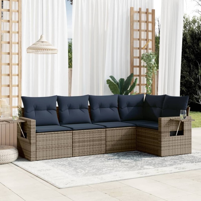 Salon de jardin 5 pcs avec coussins gris résine tressée 