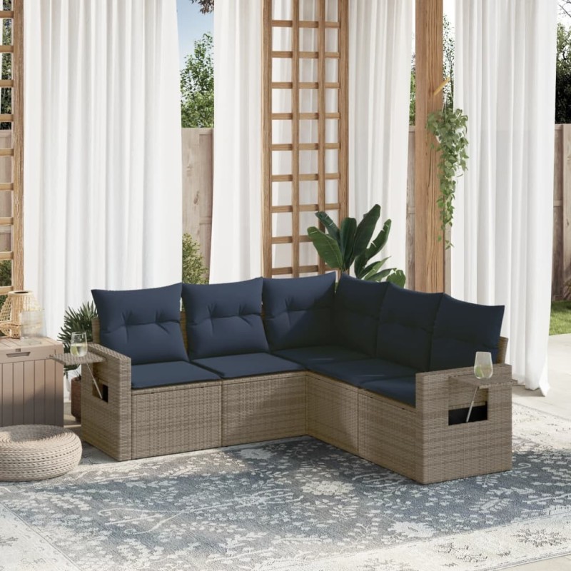 Salon de jardin 5 pcs avec coussins gris résine tressée 