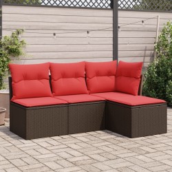 Salon de jardin 4 pcs avec coussins marron résine tressée 