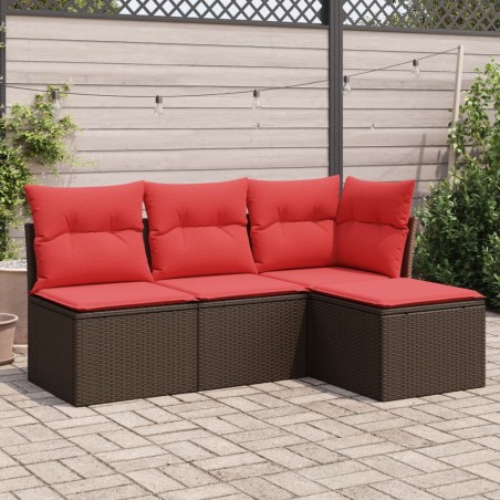 Salon de jardin 4 pcs avec coussins marron résine tressée 