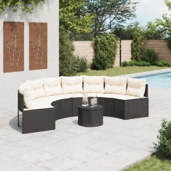 Canapé de jardin table coussins demi-rond noir résine tressée 