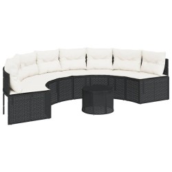 Canapé de jardin table coussins demi-rond noir résine tressée 