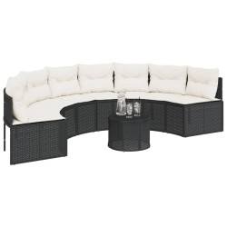 Canapé de jardin table coussins demi-rond noir résine tressée 