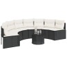 Canapé de jardin table coussins demi-rond noir résine tressée 