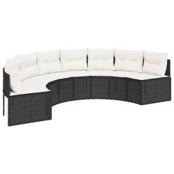 Canapé de jardin table coussins demi-rond noir résine tressée 