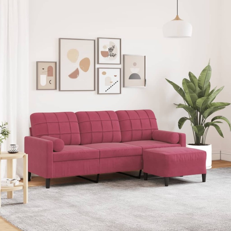 Canapé à 3 places et repose-pieds Rouge bordeaux 180 cm Velours 