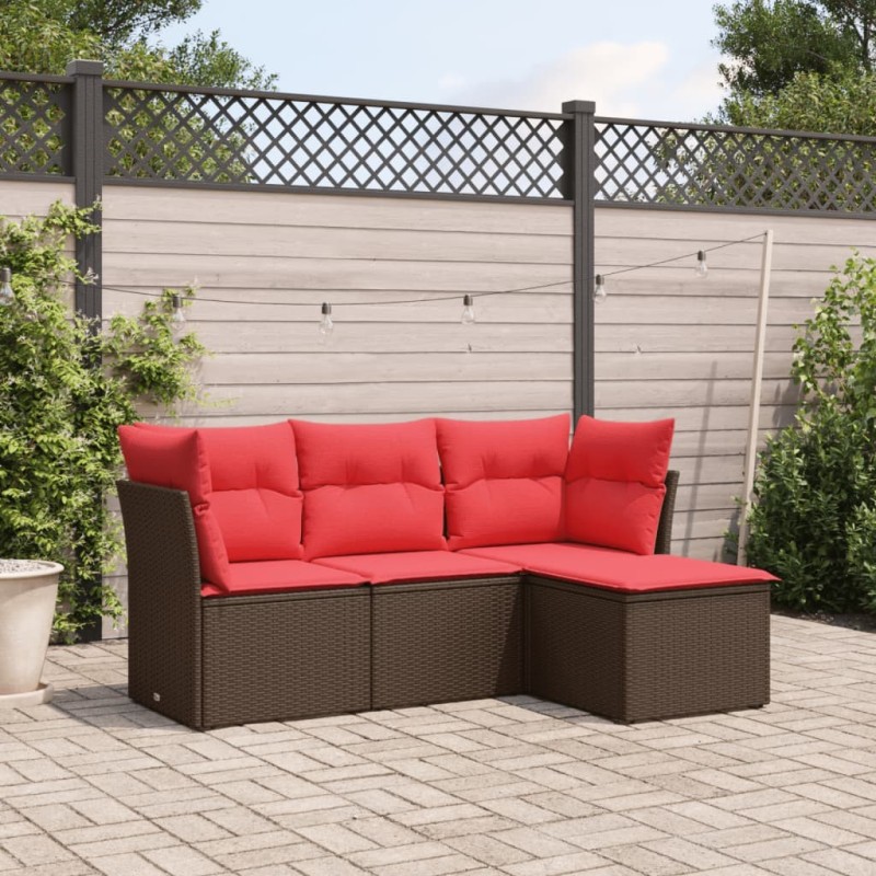 Salon de jardin 4 pcs avec coussins marron résine tressée 