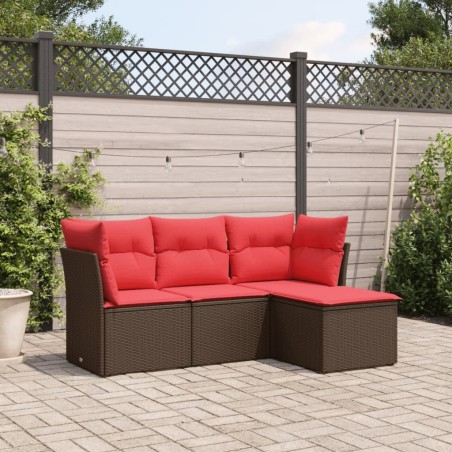 Salon de jardin 4 pcs avec coussins marron résine tressée 