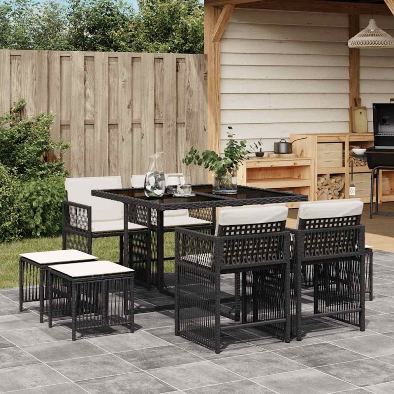Ensemble à manger de jardin 9pcs coussins noir résine tressée 
