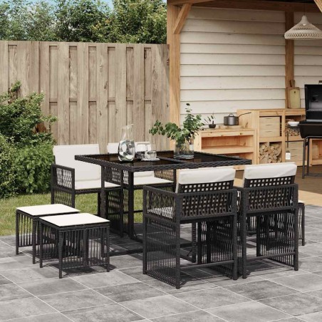 Ensemble à manger de jardin 9pcs coussins noir résine tressée 