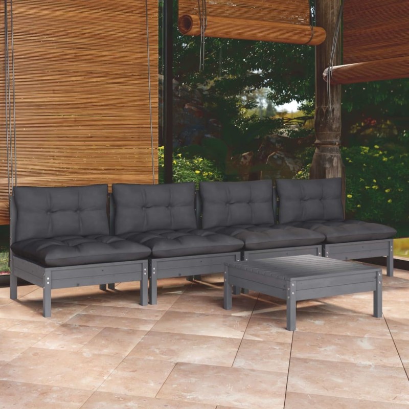 Salon de jardin 5 pcs avec coussins anthracite bois de pin 