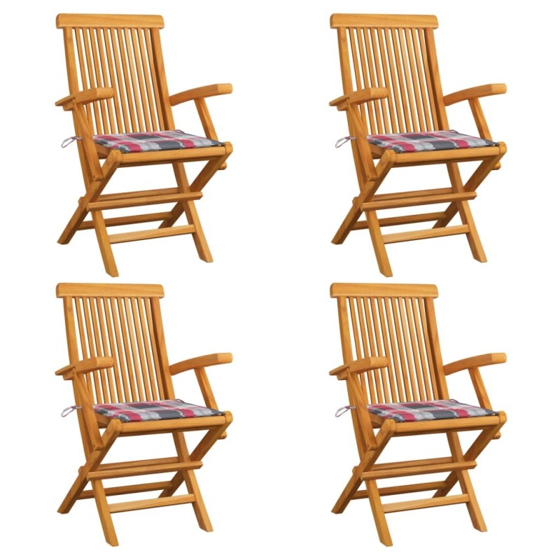 Chaises de jardin et coussins à carreaux rouge lot de 4 Teck 
