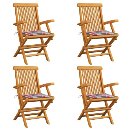 Chaises de jardin et coussins à carreaux rouge lot de 4 Teck 