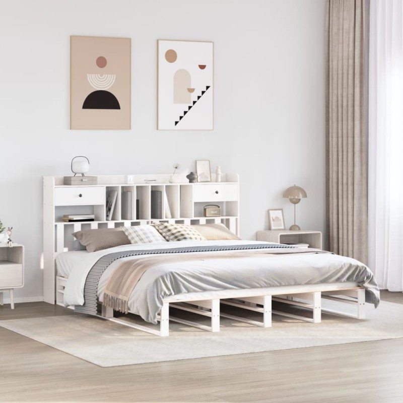 Lit bibliothèque sans matelas blanc 200x200 cm bois pin massif 