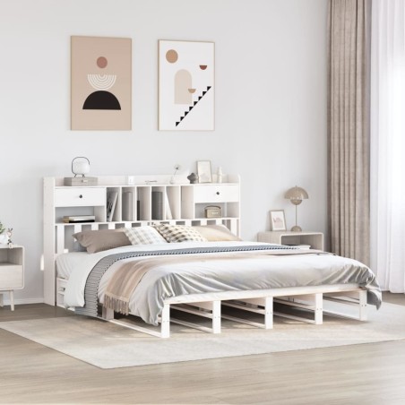 Lit bibliothèque sans matelas blanc 200x200 cm bois pin massif 