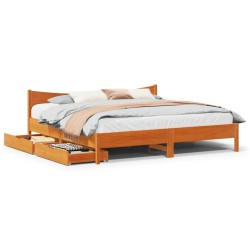 Cadre de lit avec tiroirs cire marron 200x200cm bois pin massif 