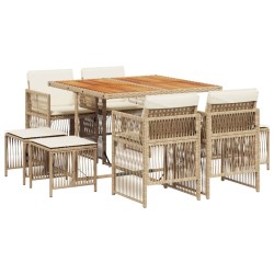 Ensemble à manger de jardin et coussins 9 pcs beige Poly rotin 